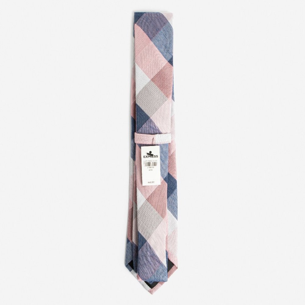 NEW! Pink Blue Narrow Check Print Silk Tie - Picture 3 of 6